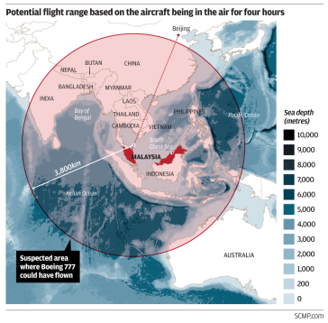 MH 370 - If aircraft flew on for 4 hours, plot of possible flight range